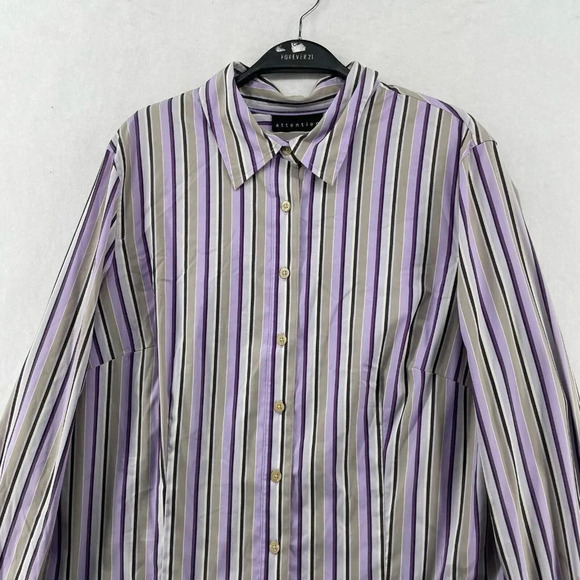 Attention Button-Up Shirt Women's Sz XL Purple Brown Striped Collared Stretch - Picture 6 of 12